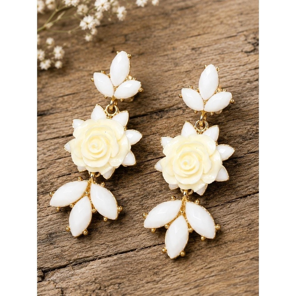 Ivory Rose Floral Dangle Earrings Gold Tone White Rhinestone Statement Earrings